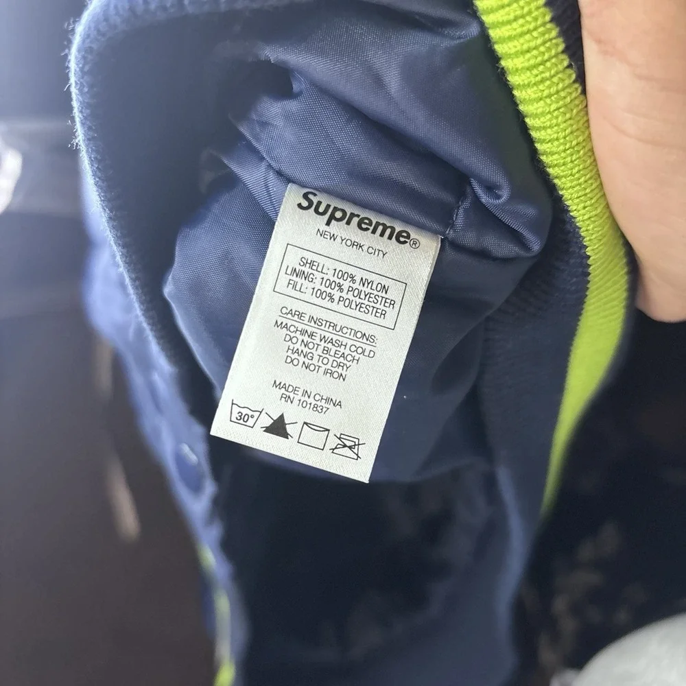 Supreme Team Varsity Jacket Navy Lime Green FW20 Script Logo NY Spellout Size M